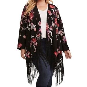 Torrid Black Floral Crane Print Fringe Draped Kimono Cardigan NWT